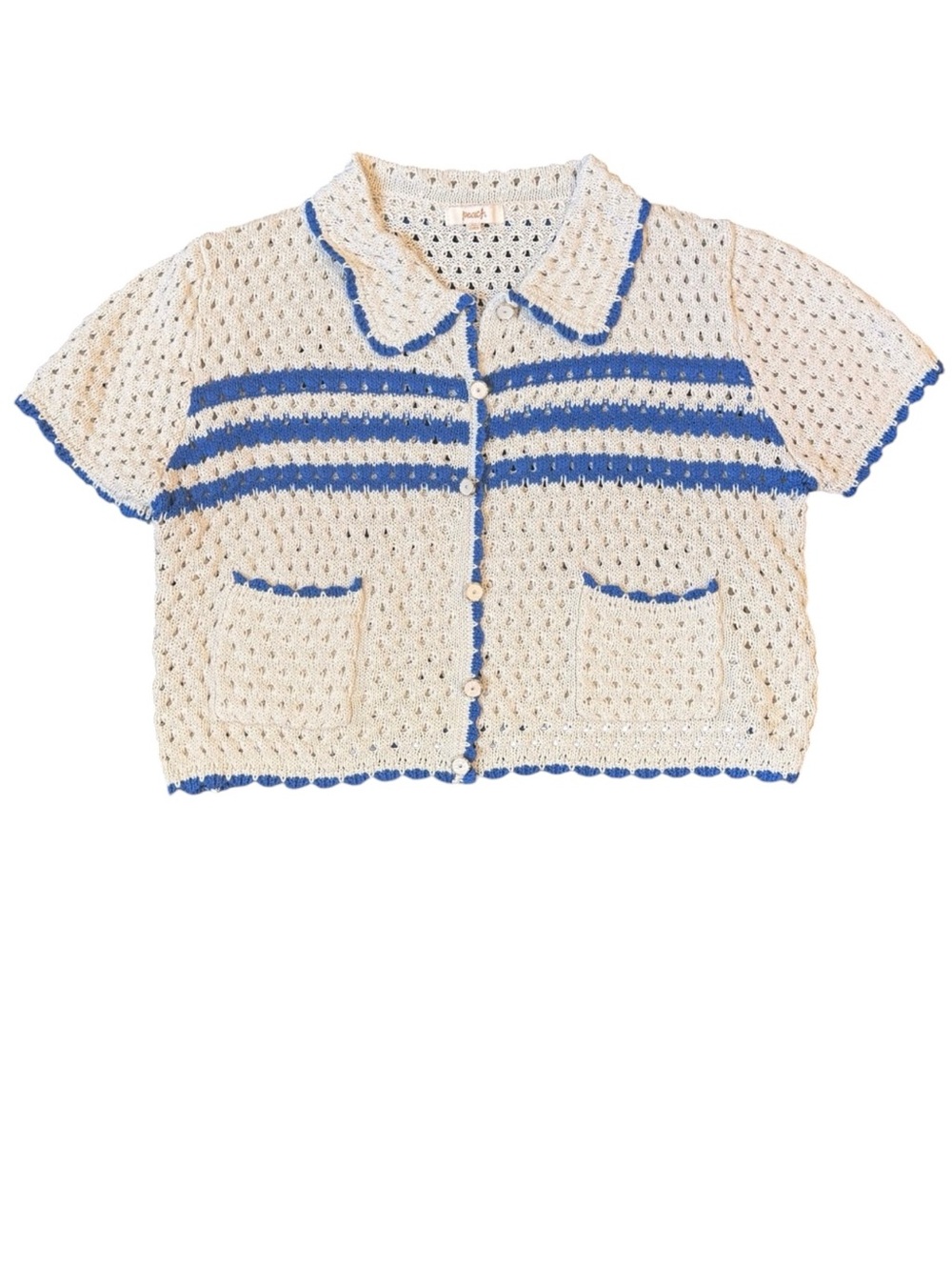 Peach Crochet Short-Sleeve Cardigan Beige Top with Blue Trim